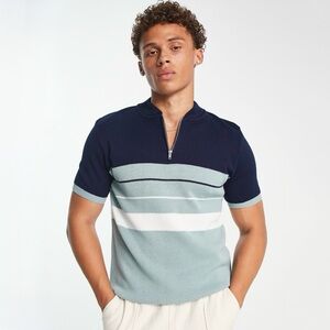 Topman Navy and Light Blue Striped Polo Shirt